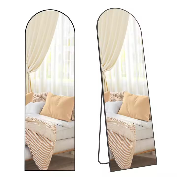 SONGMICS Espejo de Cuerpo Entero, 160 x 50 cm, Espejo Arqueado con Soporte, Espejo con Marco de Aleación de Aluminio, Cristal Templado, para Dormitorio, Salón, Vestuario, Negro Tinta - 1
