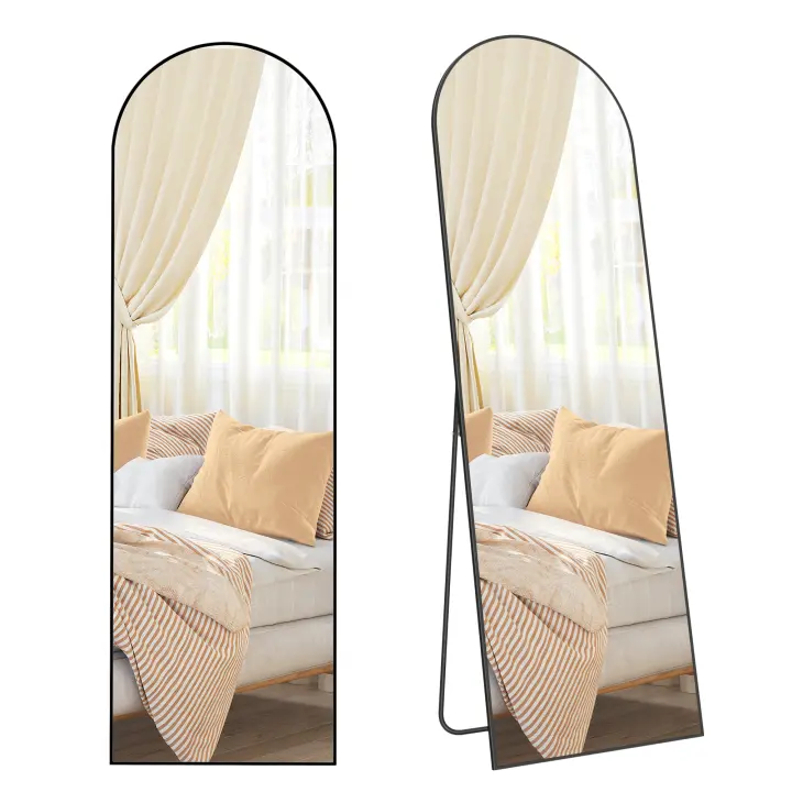 SONGMICS Espejo de Cuerpo Entero, 160 x 50 cm, Espejo Arqueado con Soporte, Espejo con Marco de Aleación de Aluminio, Cristal Templado, para Dormitorio, Salón, Vestuario, Negro Tinta - 1