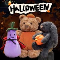 Muñeco De Peluche De Conejo Negro Con Calabaza Suave Para Halloween Truco O Trato Juguete De Oído De Osito Y Capa Peluche De Berenjena Para Adultos - details 0