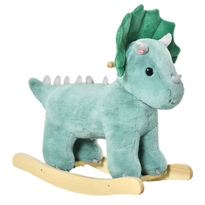 HOMCOM Caballito Balancín para Niños de +3 Años de Dinosaurio Balancín Infantil de Felpa con Sonidos Realistas y Base de Madera Asiento 36 cm Carga 45 kg 64x30x54 cm Verde Oscuro - 1