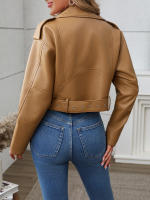 Chaqueta De Cuero PU Para Mujer Fitaylor Cierre De Cremallera Estilo Casual Con Cinturón Biker Primavera Otoño Corta - details 5