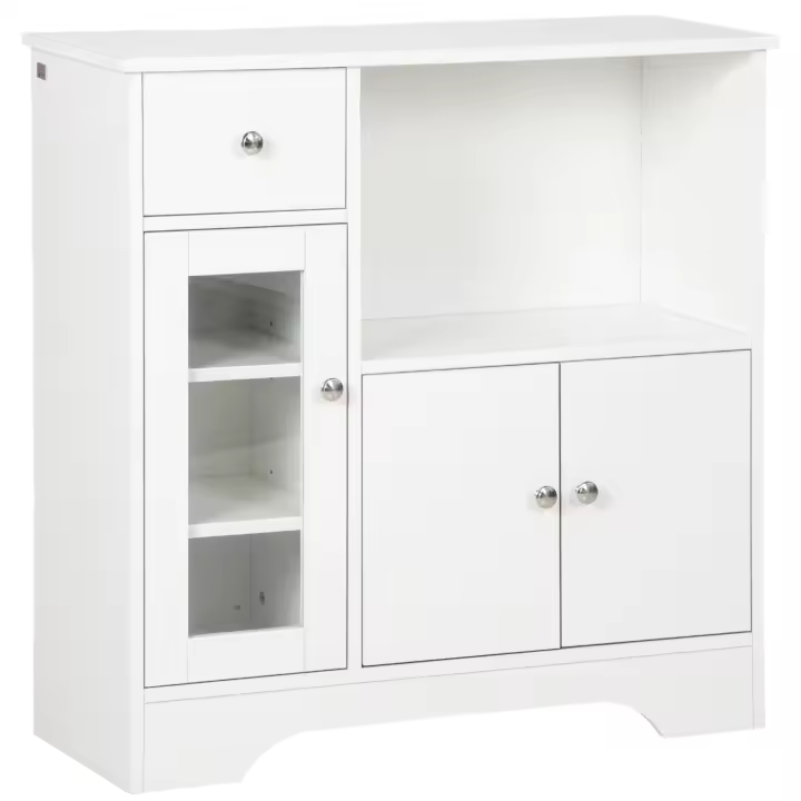 HOMCOM Aparador de Cocina Moderno con Puerta de Vidrio Cajón Estante Abierto y Baldas Ajustables Mueble Auxiliar de Almacenaje para Comedor Salón 80x30x82 cm Blanco - 1