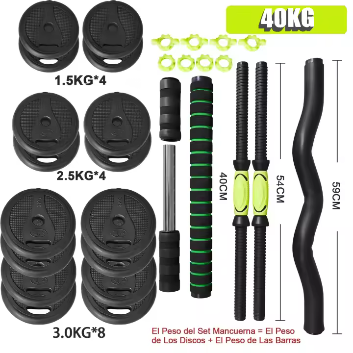 ALLINLIFE JUEGO DE MANCUERNAS AJUSTABLE MULTIFUNCIONAL 4 EN 1, 40KG TOTAL,CON MANGO OPCIONAL PARA KETTLEBELL, BARRA CURL Y  RECTA, RUEDA ABDOMINAL,FLEXIONES, ENVÍO RAPIDO DESDE EUROPA - 1