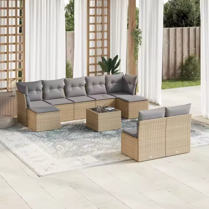 vidaXL Juego de sofás jardín con cojines beige 10 pzas ratán sintético - 1