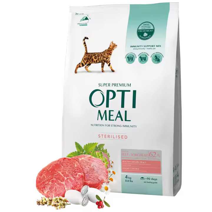 Pienso completo seco para gatos adultos esterilizados OPTIMEAL - carne de vaca y sorgo - Alta calidad y nutrición balanceada - 1,5kg - 1