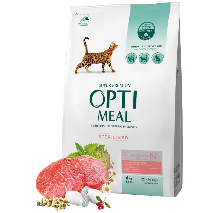Pienso completo seco para gatos adultos esterilizados OPTIMEAL - carne de vaca y sorgo - Alta calidad y nutrición balanceada - 1,5kg - 1
