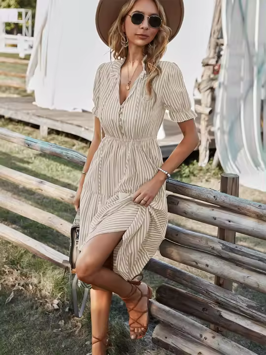 Vestido Largo Medio Casual De Rayas Para Mujer Con Borlas Cuello V Manga Corta Estilo A-Line Primavera Verano Polyester - 1