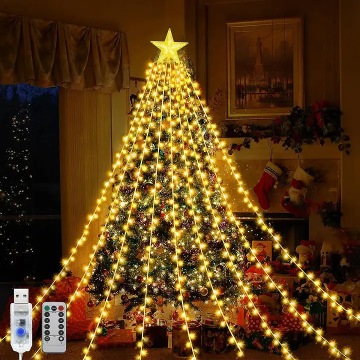 1PC 198 LED Luz De Estrella Cascada Con 8 Modos Cargado Por USB Y Control Remoto Luz De Camping Para Interior Y Exterior Decoración De Navidad - 1