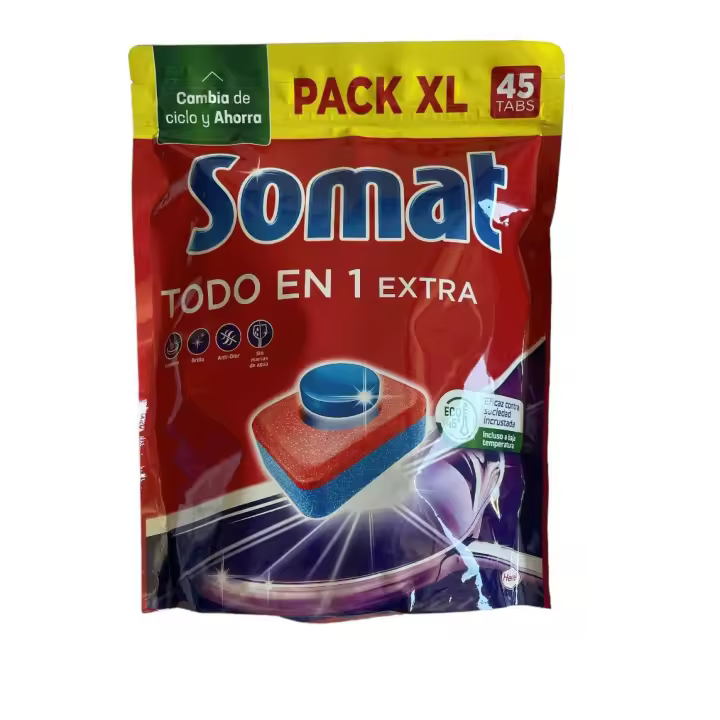 Somat Todo en 1 Pastillas Detergente para Lavavajillas  45x2 paquetes (90 LAVADOS), pastillas del lavavajillas y abrillantador, jabón lavavajillas antiolor - 1
