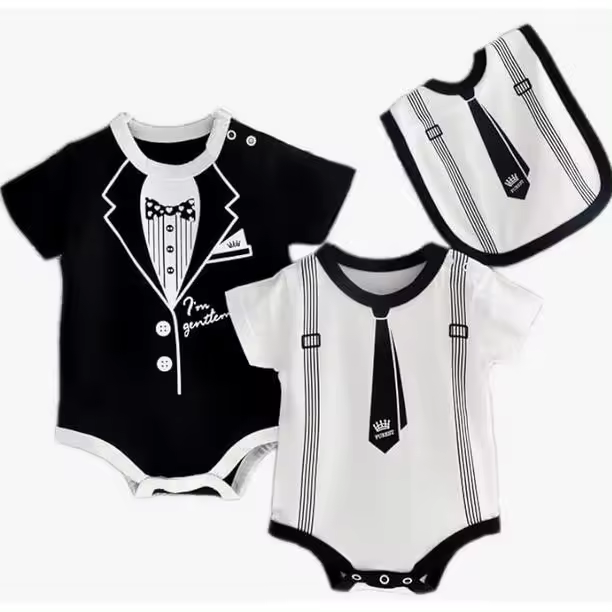 Ubaby Conjunto bebé 2 unidades Body Bebé Manga Corta + Babero Negro a conjunto - Body recién nacido para celebraciones, elegante con dibujo corbata y pajarita (Negro + Blanco) 6-9 meses - 1