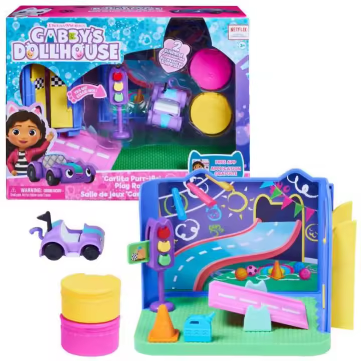 SPIN MASTER - LA CASA DE MUÑECAS DE GABBY - SALA DE JUEGOS DE CARLITA - Sala de Juegos felincreíble con el Coche de Juguete Carlita, 2 Accesorios, 2 Muebles y 2 Cajas Sorpresa - 6064149 - Juguetes Niños +3 años - 1