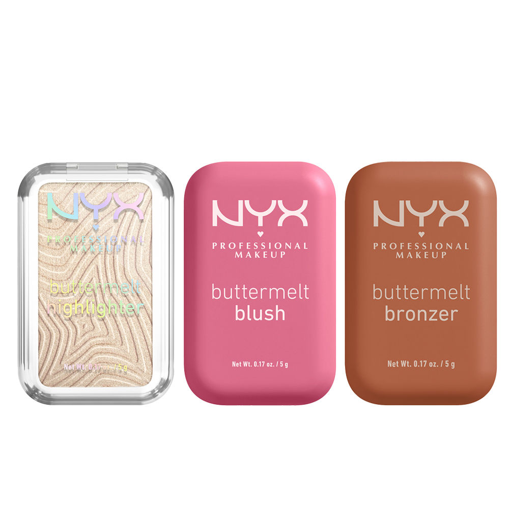 NYX Professional Makeup | Pack Buttermelt Blush, Colorete en polvo, 12 horas de duración, resistente a la decoloración y a la transferencia, tono For the butta + Hightlighter Buttermelt Tono Bright and Butta + Bronzer Buttermelt Tono Butta Ballin