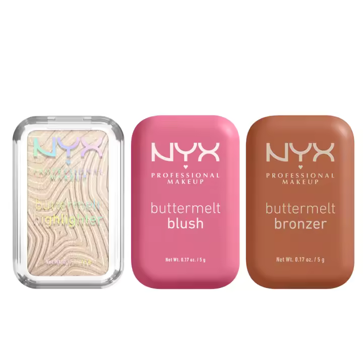 NYX Professional Makeup | Pack Buttermelt Blush, Colorete en polvo, 12 horas de duración, resistente a la decoloración y a la transferencia, tono For the butta + Hightlighter Buttermelt Tono Bright and Butta + Bronzer Buttermelt Tono Butta Ballin - 1