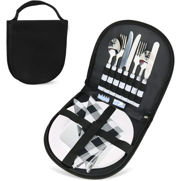 Camping Kitchen Silverware Mess Kit Cutlery Organizer-13Pcs Pinic Eating Utensils Set with Eco-Friendly Plate Spoon Knife Fork Wine Opener Fork Napkin for 2 Person - 1