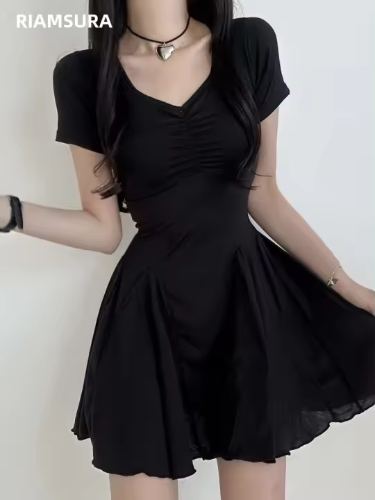 Vestido A-Line IAMSURE Casual Basic Solid V-Neck Manga Corta Mini Vestido Estilo Coreano Para Mujer Verano Moda 2023 - 1