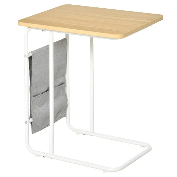 HOMCOM Mesa Auxiliar de Sofá en Forma de C con Bolsa de Almacenaje Extraíble Mesa Lateral para Salón Dormitorio Oficina 37x48x55,8 cm Roble y Blanco - 1