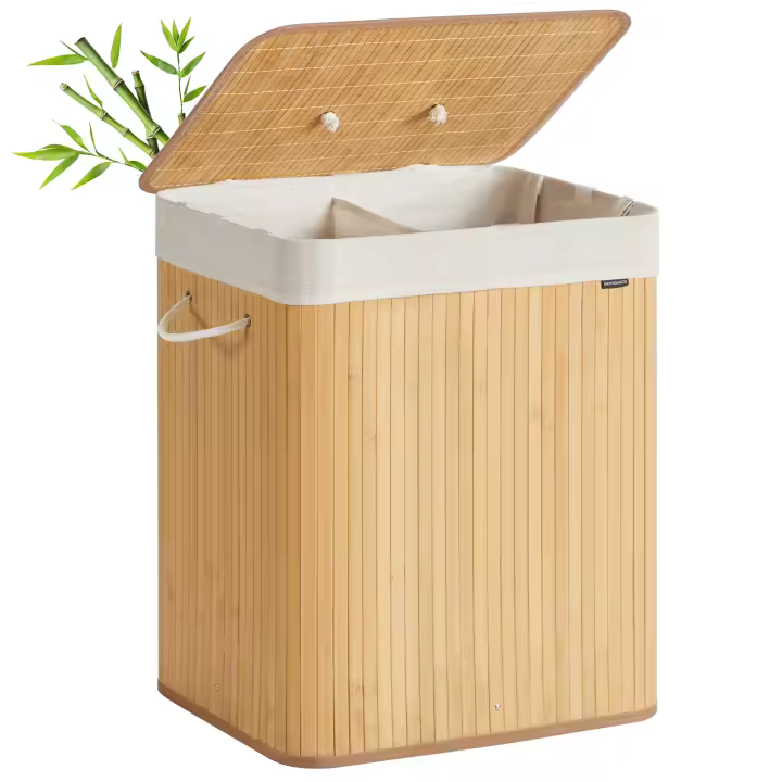 SONGMICS Cesto de la Ropa Sucia con Tapa, 2 compartimentos, 120 L, Cesta de Lavandería de Bambú, Plegable, con Bolsa Lavable Extraíble, Asas, para Lavandería, Dormitorio, Blanco/Natural - 1