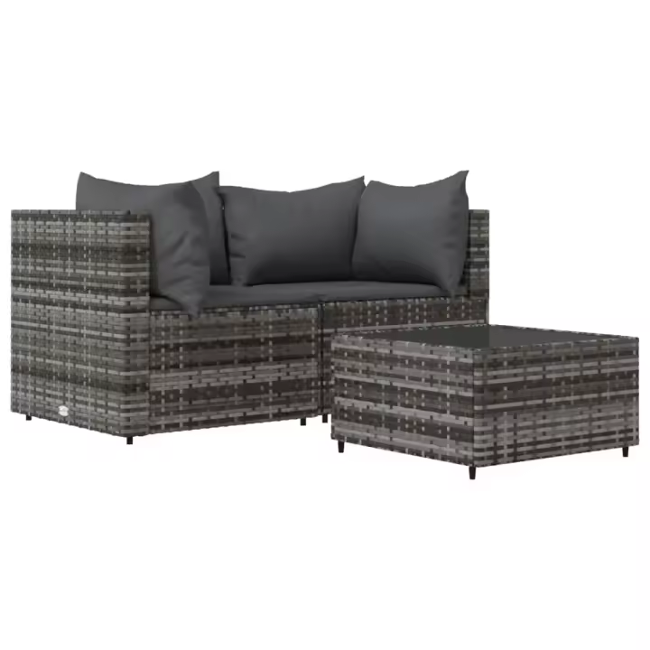 vidaXL Set de muebles de jardín 3 pzas y cojines ratán sintético gris - 1