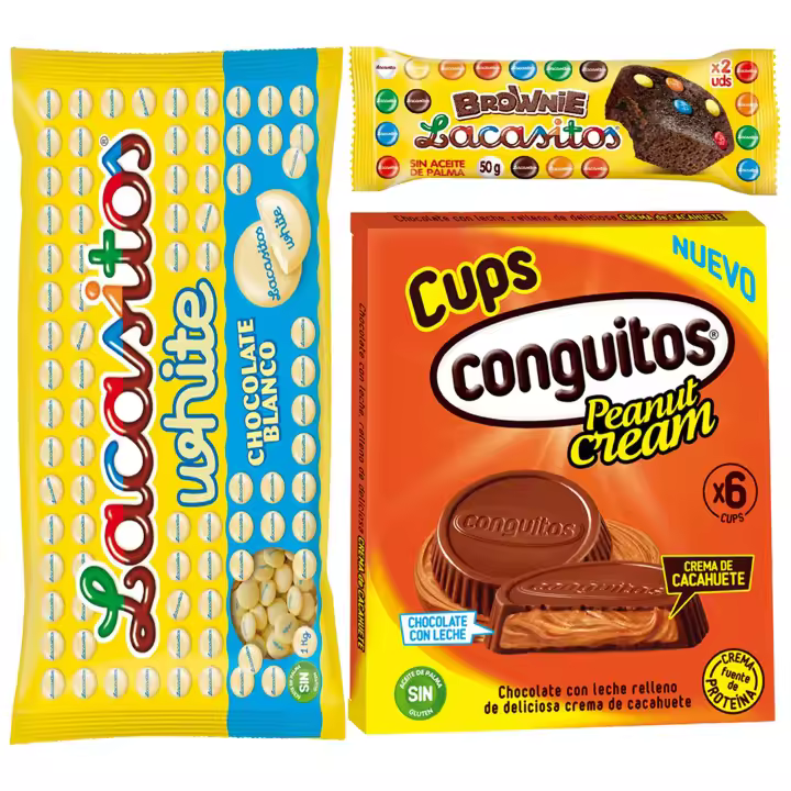 Pack Lacasitos brownie 50g,white bolsa 1kg,Conguitos cups leche pack 3x34g - 1