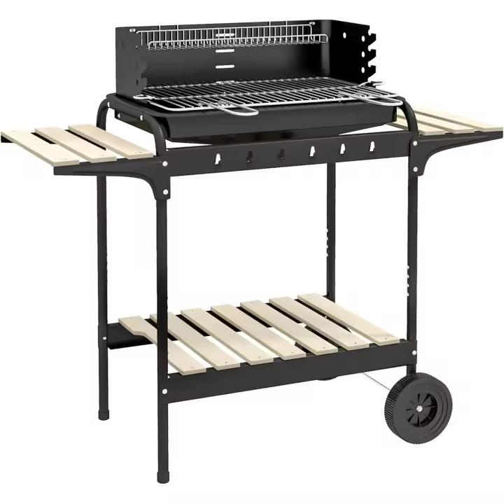Barbacoa de Carbón con Ruedas Barbacoa Portátil 103x47x95 cm con Parrilla Ajustable en Altura de 5 Niveles Estantes y 6 Ganchos para Pícnic Camping Negro - 1