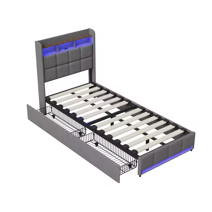 Cama Individual 90x200 cm – Tela Gris con LED, Cajones y Puertos USB/Type-C - 1