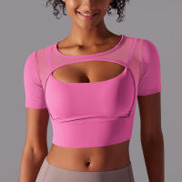 Camiseta de manga corta para Yoga, Top Sexy de Doble Capa, ropa de Malla empalmada, Sujetador Deportivo para correr y Fitness, Color sólido, Mujer - details 12