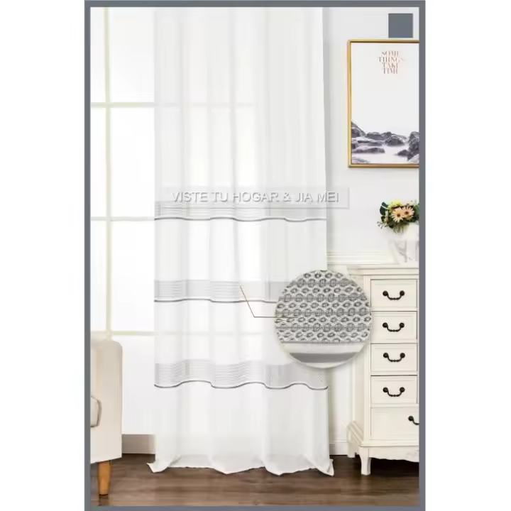 Cortinas de visillo lino y poliéster decorado en la parte inferior con diseño dd 3 lineas.Decoracion para hogar,oficina. - 1