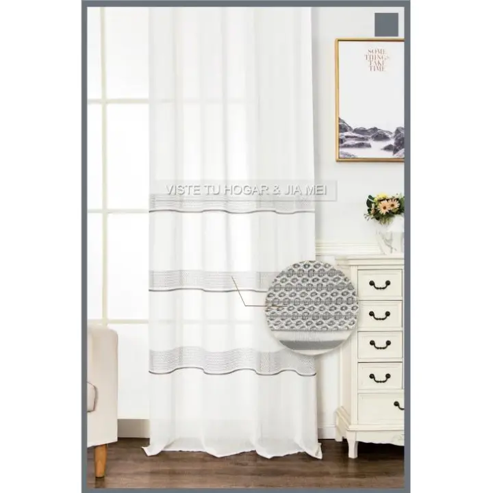 Cortinas de visillo lino y poliéster decorado en la parte inferior con diseño dd 3 lineas.Decoracion para hogar,oficina. - 1