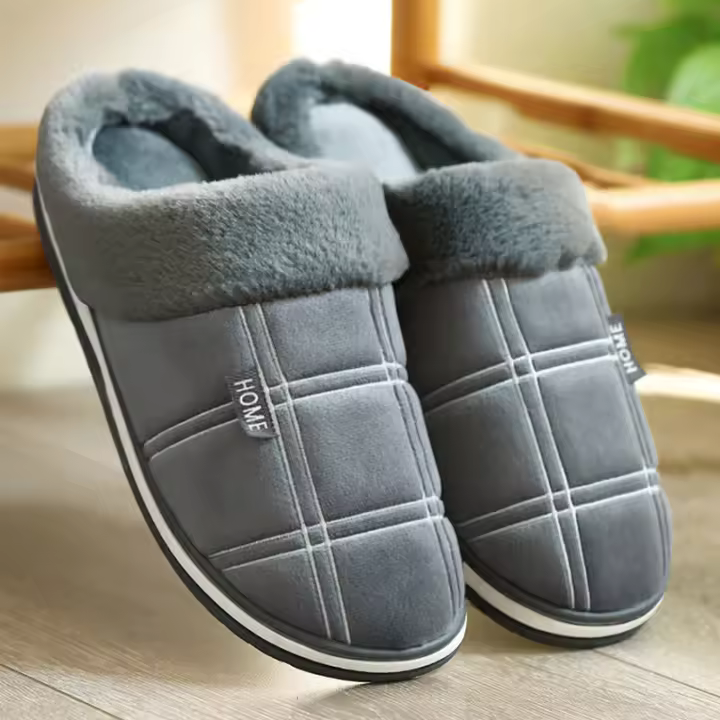 Pantuflas De Casa Para Hombre Talla Grande 50-51 Cuadros De Poliéster Espuma De Memoria Invierno Plush Interior Calientes Antideslizantes Negro - 1