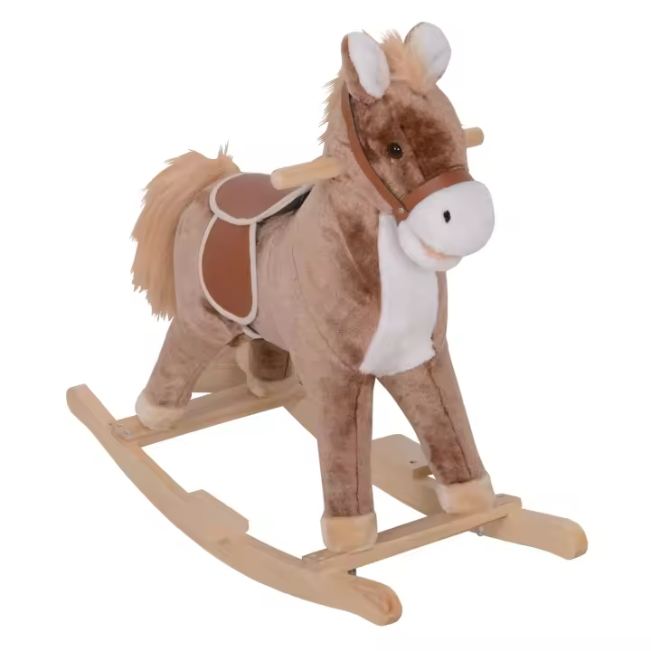 HOMCOM Caballo balancín vaquero silla de montar gran comodidad suave corto felpa madera de álamo marrón - 1