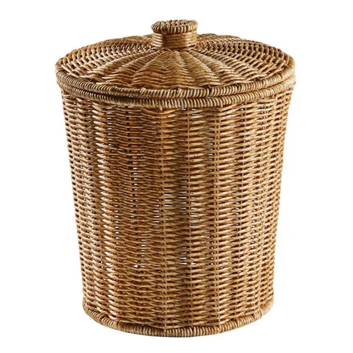 Woven Basket Trash Can Round Rattan Waste Basket with Lid Planter Woven Baskets Wicker Wastebasket - 1