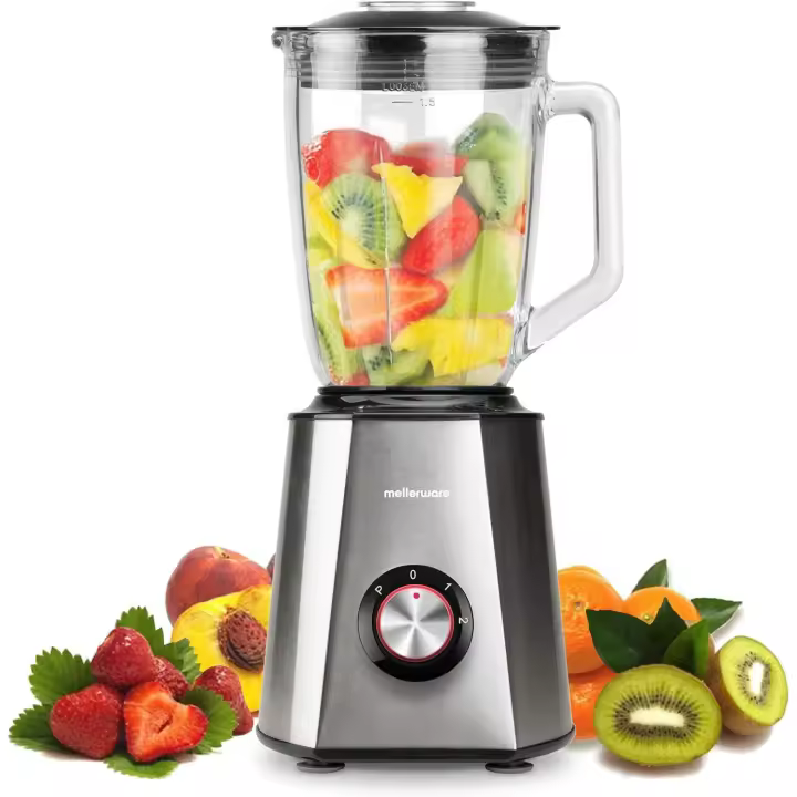 Mellerware - Batidora de vaso eléctrica 1500W. Jarra cristal 1,5L, 6 cuchillas. Tratamiento fruta, smoothie, picadora, Batidos. Picahielos. INOX. T - 1