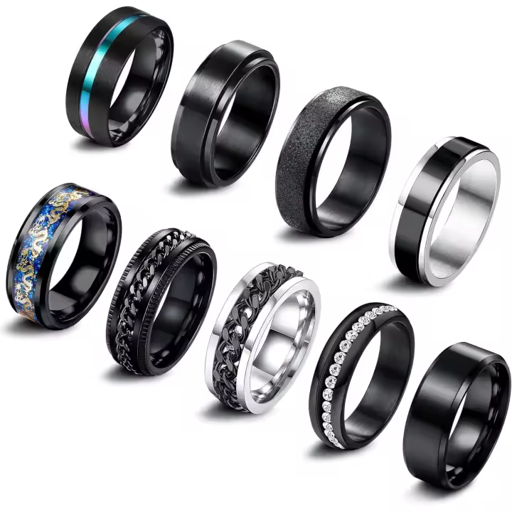 9Pcs Anilloss Hombre Inoxidable Maple Anillo Antiestres Vintage Anilloss de Boda Anilloss de Compromiso de Promesa Anillo de Cadena Conjunto de AnillosFidget Anilloss Hombre Plata Negro - 1