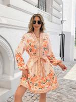 Vestido Elegante Para Mujer Con Manga Larga Y Cuello En V Estampado Con Cierre De Lazo Vestido Corto De Verano A-Line Regular Fit Polyester - details 1