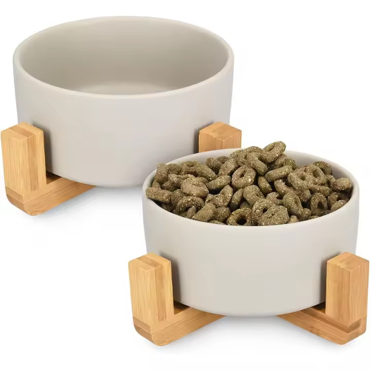Comederos elevados de cerámica para gatos - Juego doble de comedero y bebedero elevado para gatos y perros pequeños con soportes de madera - Comederos antiderrames para mascotas - 1