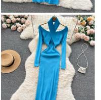 Vestido Largo Elegante De Otoño Invierno Para Mujer Con Cuello Haltera Y Cintura Ajustada Vestido Bodycon Coreano Para Oficina Vestidos De Suéter - details 11
