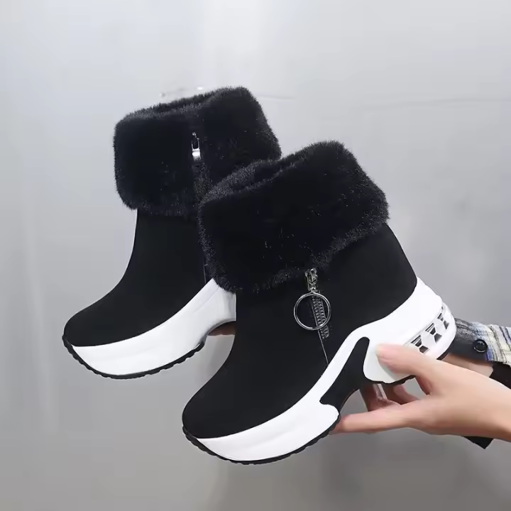 Botas De Nieve Calientes Para Mujer Con Plataforma Botines De Tobillo Cerradura De Cremallera Botas Internamente Aumentadas En Negro Y Gris - 1