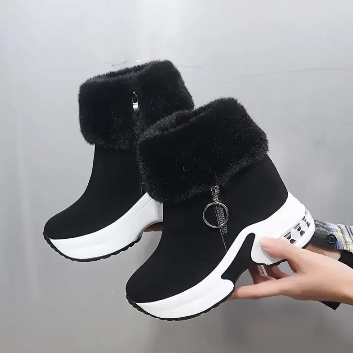 Botas De Nieve Calientes Para Mujer Con Plataforma Botines De Tobillo Cerradura De Cremallera Botas Internamente Aumentadas En Negro Y Gris - 1