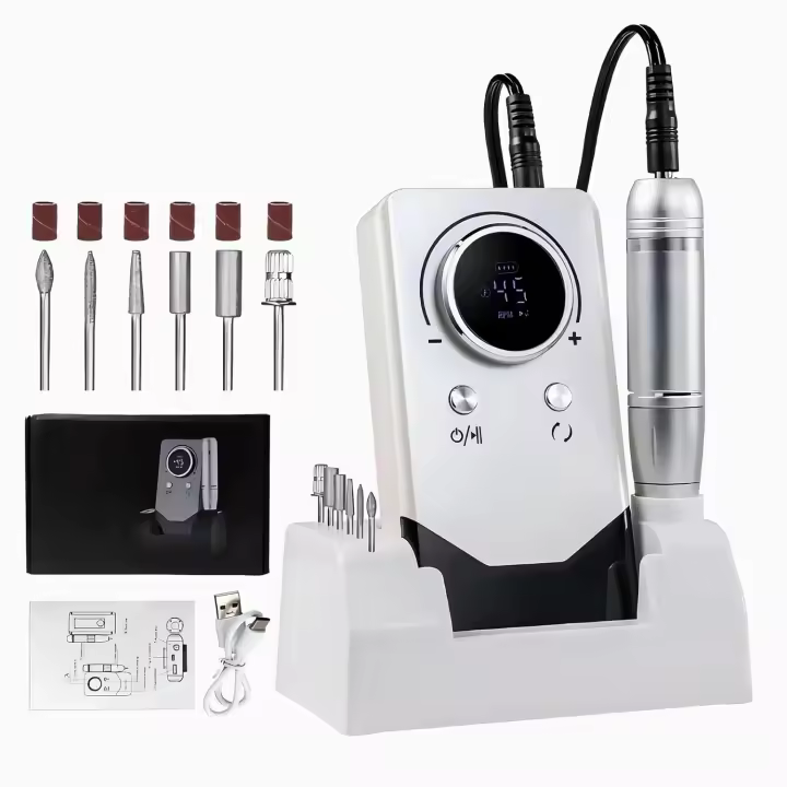 Torno para Uñas Profesional, 45000RPM Portatil Recargable Inalambrico con 12 cabezales de pulido y 48 cintas abrasivas y Pantalla LCD, para Manicura y Pedicura, para Gel o Acrilicas - 1