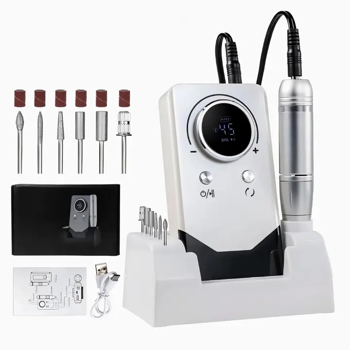 Taladro de uñas portátil de 45000 RPM, lima de uñas eléctrica, kit de taladro de uñas Efile recargable profesional con 6 brocas para uñas y base, máquina perforadora de uñas para pulido de uñas acrílicas en gel - 1