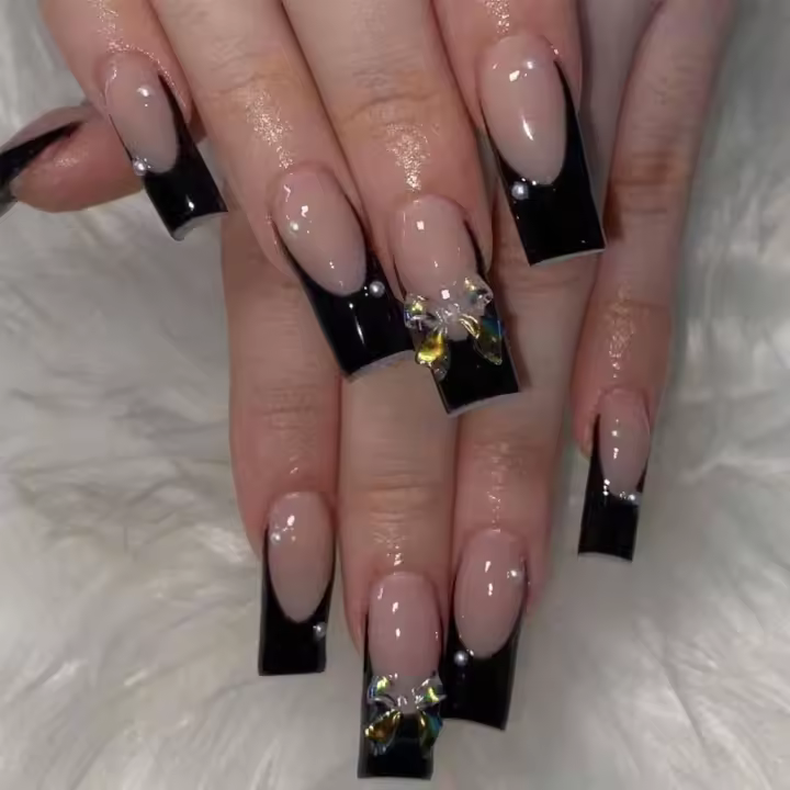 Uñas postizas acrílicas cuadradas transparentes extra largas y largas de color negro, uñas postizas francesas para mujeres y niñas, 24 unidades - 1