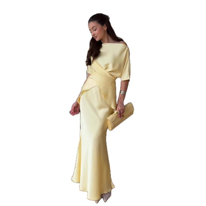 Conjunto De 2 Piezas Para Mujer En Satén Amarillo Moda Verano 2026 Top Con Cordón Y Falda De Sirena Cintura Alta Traje a Juego Sexy