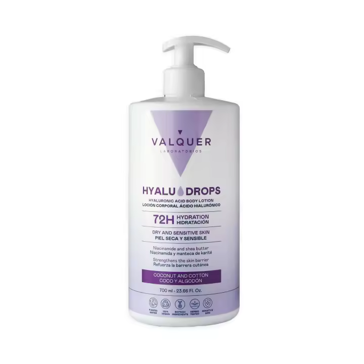 Valquer Hyaludrops Hyaludrops Crema Hidratante Corporal Coco y Algodón. Loción para Piel Seca y Sensible, Hasta 72 Horas de Hidratación. 700 ml - 1