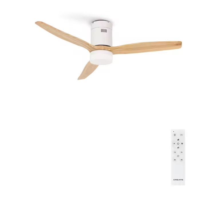 CREATE- Ventilador de techo 40W silencioso 100% madera varios tamaños con LUZ, color Blanco / Madera clara  - WIND CALM NATURAL WOOD. - 1