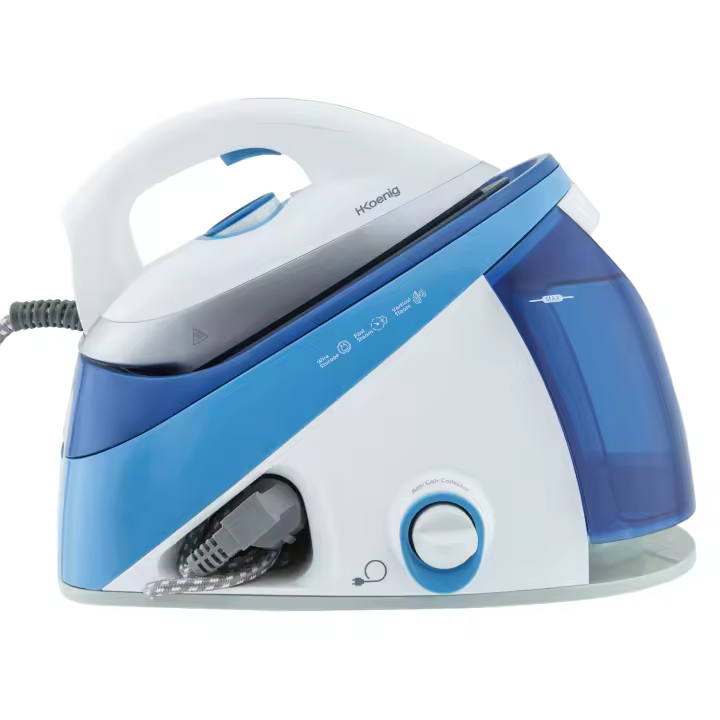 Centro de Planchado 2400 W, 150 g/m, 5 Bares, Suela de Cerámica “EasyGlide”, Depósito de Agua extraíble de 1.1 L, Autonomía Ilimitada, Control Manual de la Temperatura, Azúl. H.Koenig_V24 - 1