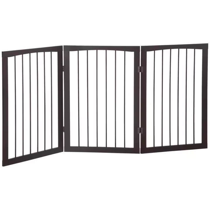 PawHut Barrera de Seguridad Plegable de 3 Paneles 160x76 cm Rejilla de Protección para Perros Pequeños para Puertas Escaleras Pasillos Café Oscuro - 1