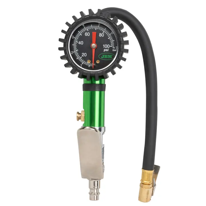 JBM 53449 pistola de inflado pneumáticos analógica, INFLADOR CON CALIBRADOR  CALIBRE: 0-100PSI / 0-7BAR  Protector de manómetro de goma.  Botón de purga de aire para desinflar . Manguera resistente a torceduras de 300 mm . Clip de aire de latón . - 1