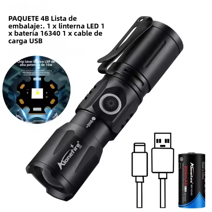 Linterna LED Recargable De Alta Potencia Con Zoom Y Luz De Banda Mini Torchillo Portátil Para Exteriores Y Hogar Tipo-C USB Compatible Con Batería 16340 - 1