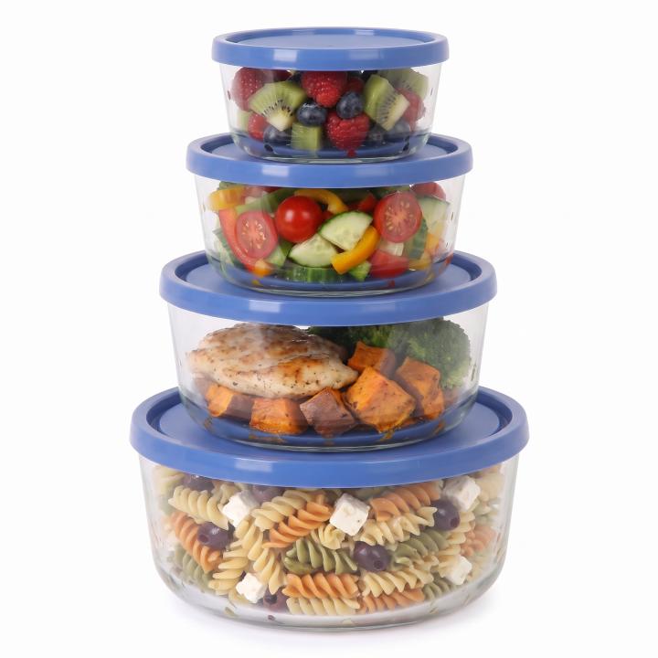 Quttin Frigo Glass Tupperware Set of 4, Airtight Round and Rectangular Containers, 270 ml to 2.7 L Capacity, Stackable with Snap Closure, Made in Spain for Food Storage