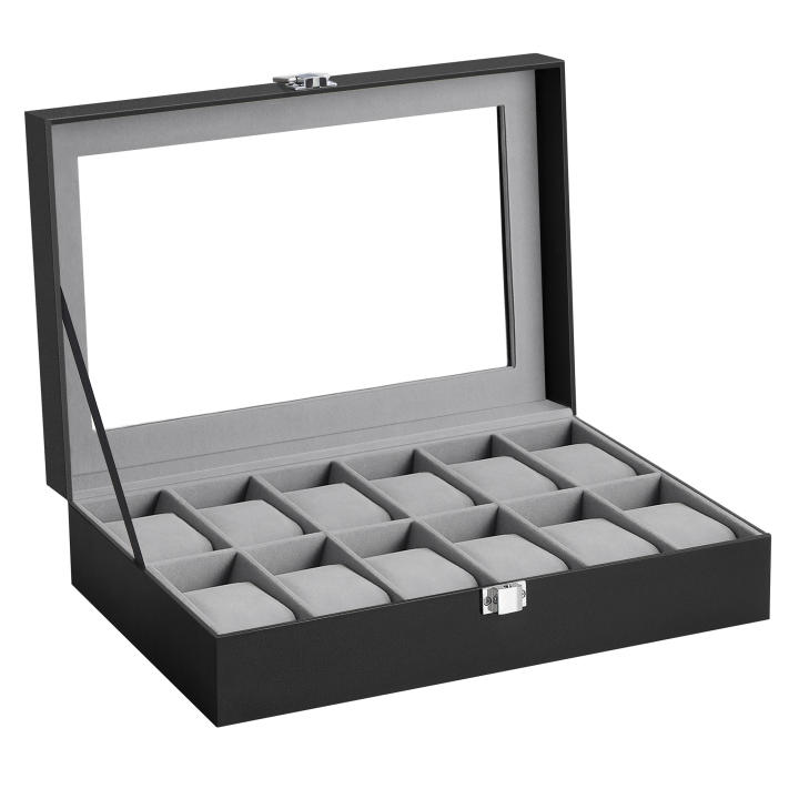 SONGMICS Caja de Relojes con 12 Compartimentos, Estuche de Relojes con Tapa de Cristal, Cojín Extraíble, Cierre Metálico, Cuero Sintético Negro y Forro Gris/Negro/Negro y Biege/Negro y Forro Rojo Burdeos/Blanco Nube y Beige Capuchino, Regalo de Navidad